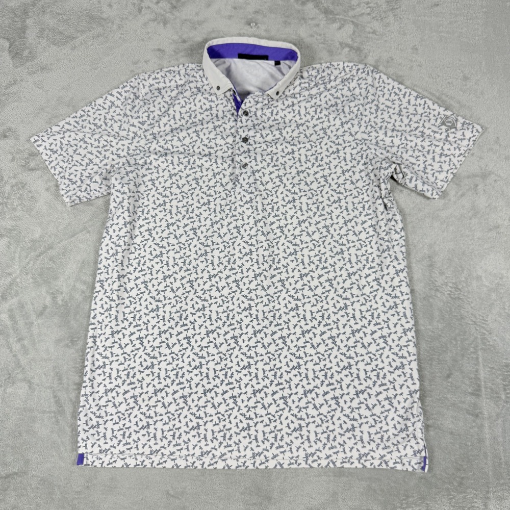 Greyson Mens Large Polo Shirt White Navy Dragonfly AOP Performance Short Sleeve
